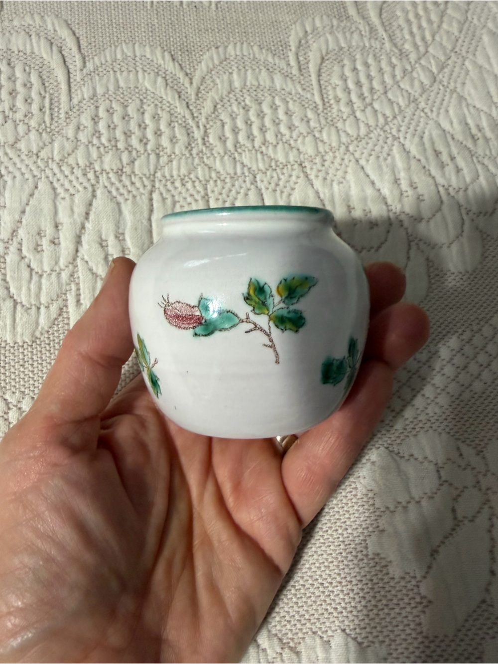 Gmundner Floral Ceramic Bowl White Green Pink Round 2.5in w/ Printed Backstamp